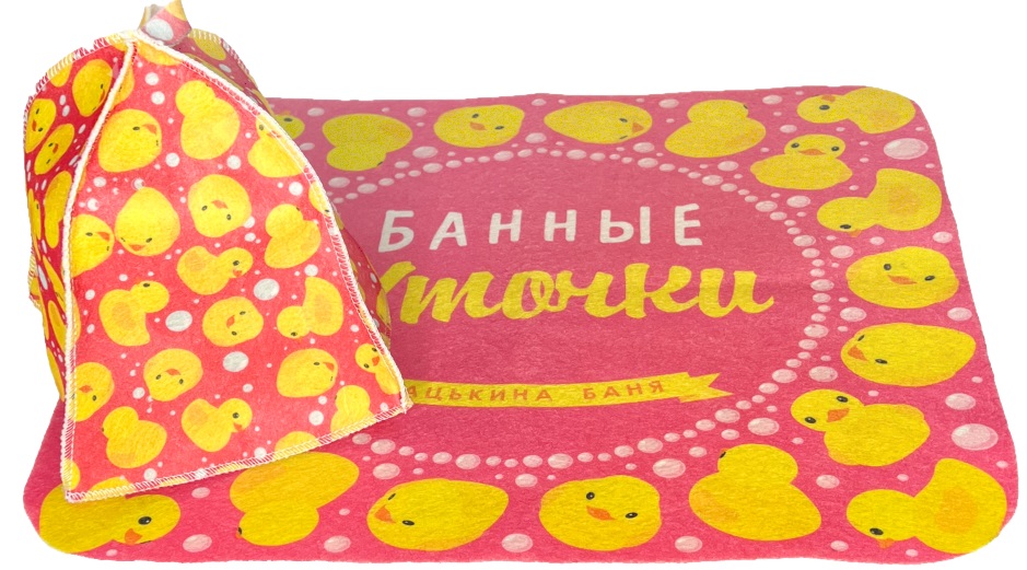Набор для бани из 2-х пр. печать "Банные уточки"  Шапка, коврик, розовый TM”Бацькина баня"/15