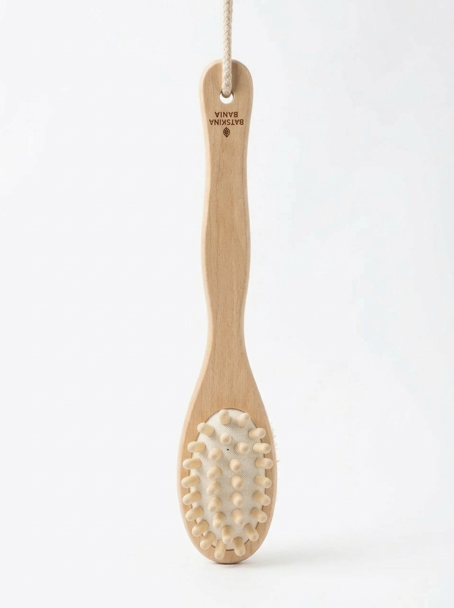 Массажная щетка деревянная для тела 22х6см на ручке для бани и сауны ТМ "Бацькина баня" - изображение 3