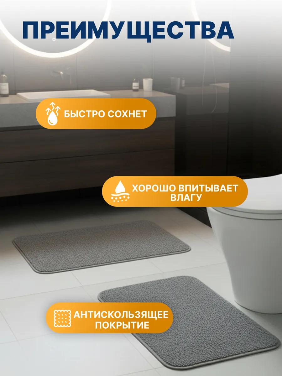Коврики для ванной комнаты (комплект 2 шт, 50х80 и 40х60) Grafit из полипропилена серый Blabar/50 - изображение 4