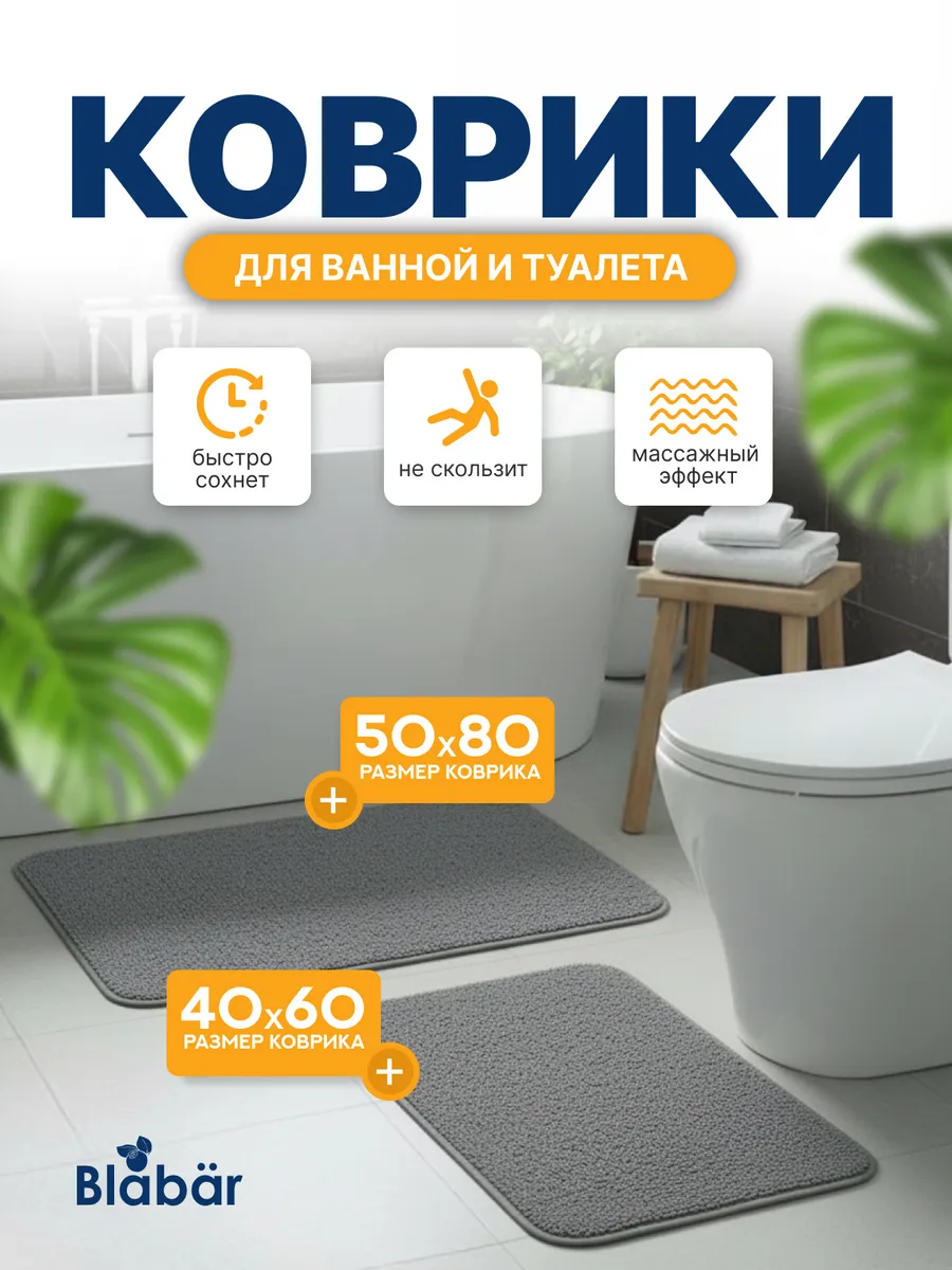 Коврики для ванной комнаты (комплект 2 шт, 50х80 и 40х60) Grafit из полипропилена серый Blabar/50 - изображение 1